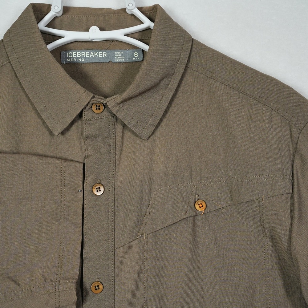 Icebreaker Merino Wool Mens Short Sleeve Button Down Shirt Brown Small Hiking